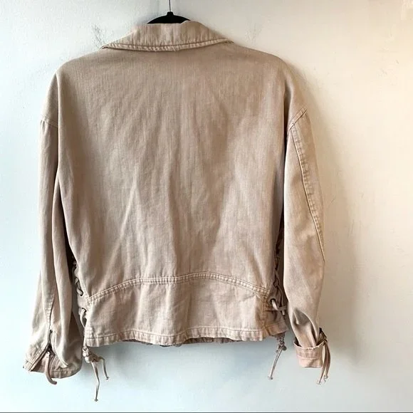 free people pink denim zip up moto jacket size s small - Picture 3 of 9
